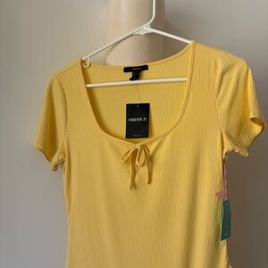 NWT - F21 Light Yellow Ribbed Scoop Neck Bodysuit, w/Bow Detail - L